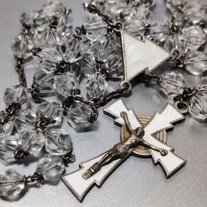 Vintage MCM 800 Silver & White Enamel Catholic Rosary Original Box